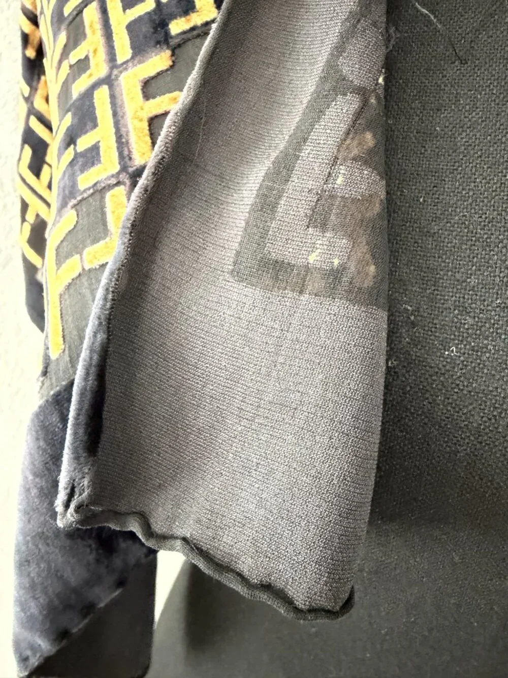 VTG FENDI Zucca Silk Velvet Black Gold Metallic FF Monogram Scarf RARE